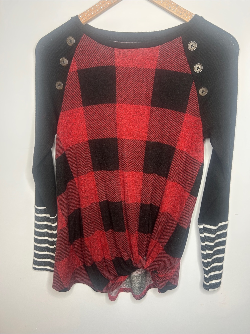 Women’s Red and Black Buffalo Plaid Button-Shoulder Knit Top